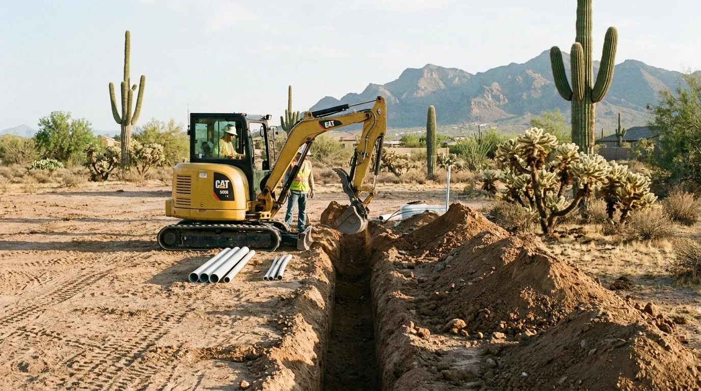 Trench excavation for utility installation on a desert lot