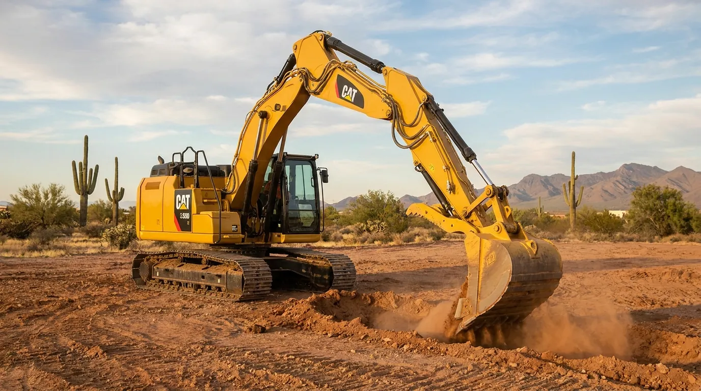 Excavator digging into desert soil on a Queen Creek job site