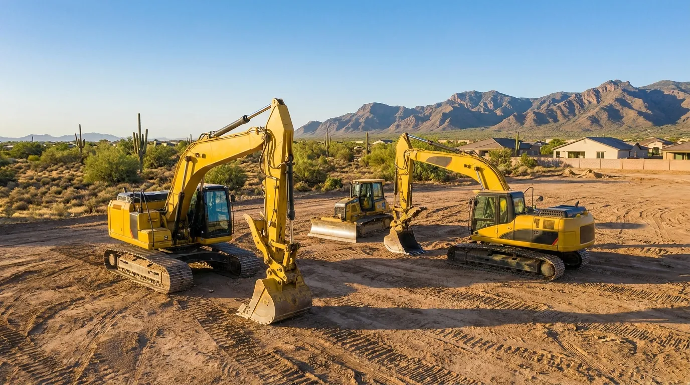 Excavation equipment working a cleared lot in the Arizona desert